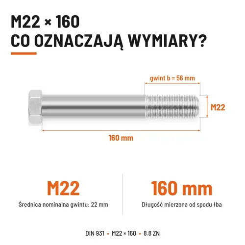 ŚRUBA SZEŚCIOKĄTNA DIN 931 M22x160 KLASA 8.8 OCYNK GALWANICZNY