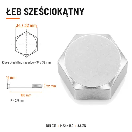ŚRUBA SZEŚCIOKĄTNA DIN 931 M22x180 KLASA 8.8 OCYNK GALWANICZNY
