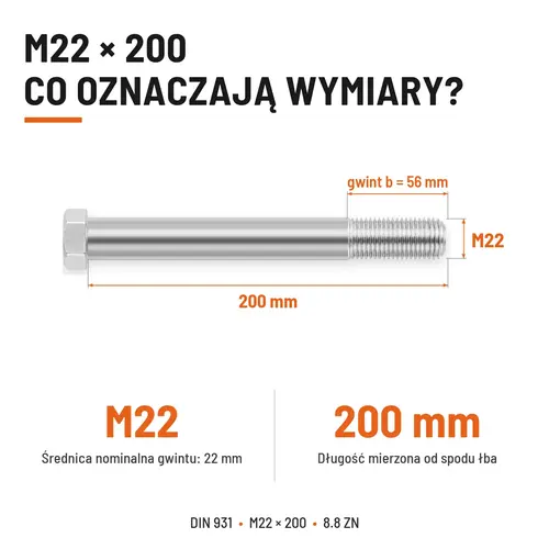 ŚRUBA SZEŚCIOKĄTNA DIN 931 M22x200 KLASA 8.8 OCYNK GALWANICZNY