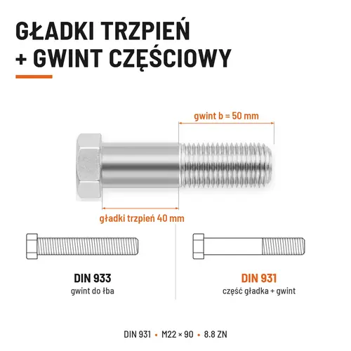 ŚRUBA SZEŚCIOKĄTNA DIN 931 M22x90 KLASA 8.8 OCYNK GALWANICZNY