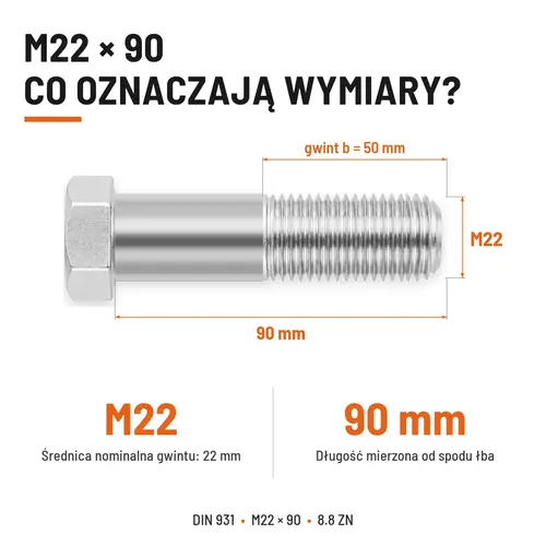ŚRUBA SZEŚCIOKĄTNA DIN 931 M22x90 KLASA 8.8 OCYNK GALWANICZNY