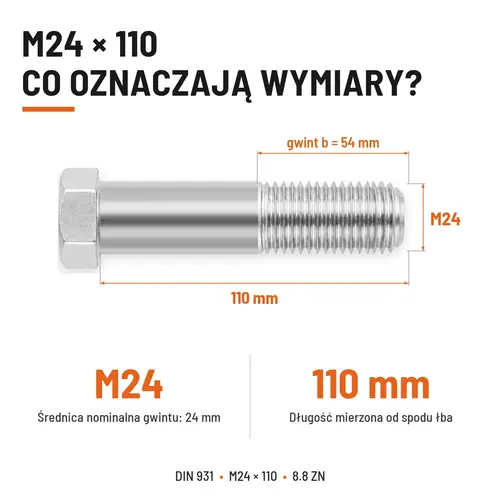 ŚRUBA SZEŚCIOKĄTNA DIN 931 M24x110 KLASA 8.8 OCYNK GALWANICZNY