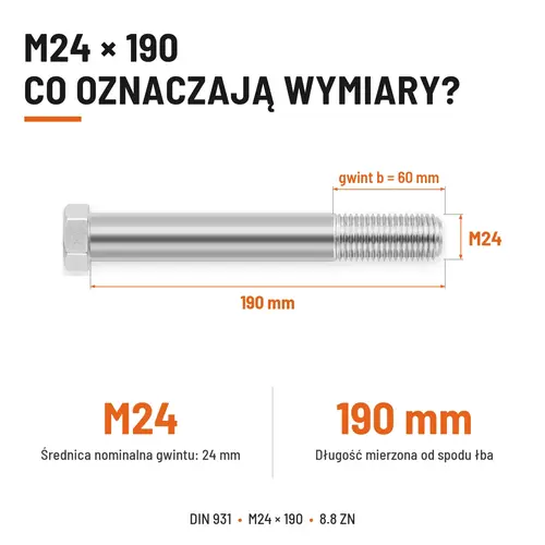 ŚRUBA SZEŚCIOKĄTNA DIN 931 M24x190 KLASA 8.8 OCYNK GALWANICZNY