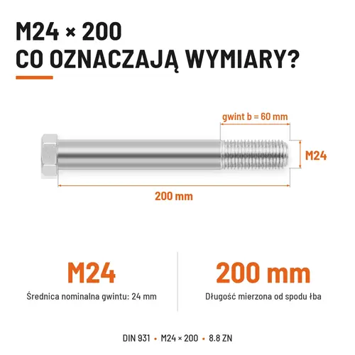 ŚRUBA SZEŚCIOKĄTNA DIN 931 M24x200 KLASA 8.8 OCYNK GALWANICZNY