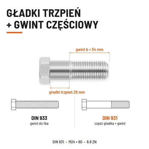 ŚRUBA SZEŚCIOKĄTNA DIN 931 M24x80 KLASA 8.8 OCYNK GALWANICZNY