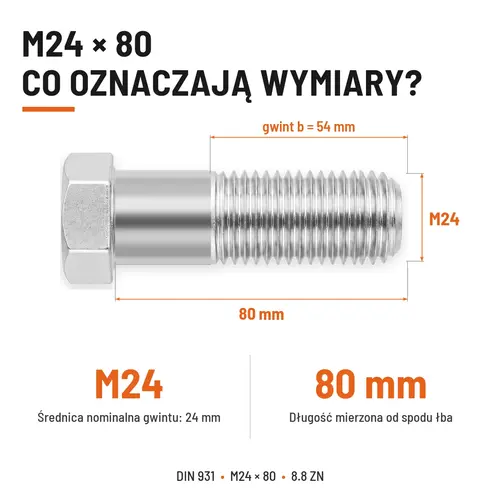 ŚRUBA SZEŚCIOKĄTNA DIN 931 M24x80 KLASA 8.8 OCYNK GALWANICZNY