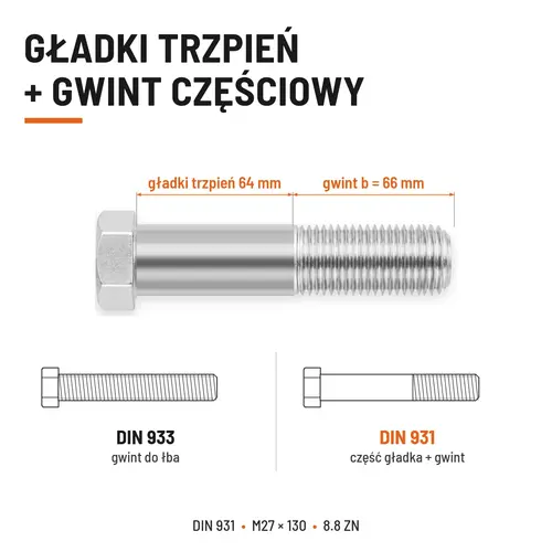 ŚRUBA SZEŚCIOKĄTNA DIN 931 M27x130 KLASA 8.8 OCYNK GALWANICZNY