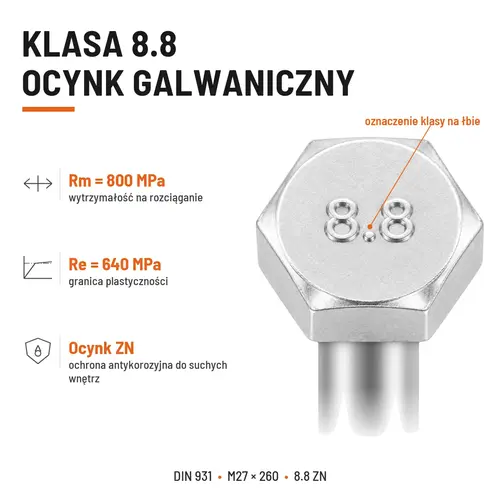 ŚRUBA SZEŚCIOKĄTNA DIN 931 M27x260 KLASA 8.8 OCYNK GALWANICZNY