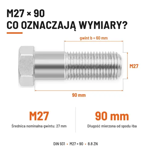 ŚRUBA SZEŚCIOKĄTNA DIN 931 M27x90 KLASA 8.8 OCYNK GALWANICZNY