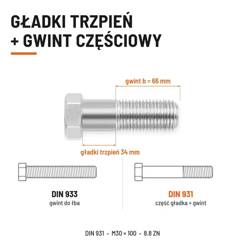 ŚRUBA SZEŚCIOKĄTNA DIN 931 M30x100 KLASA 8.8 OCYNK GALWANICZNY