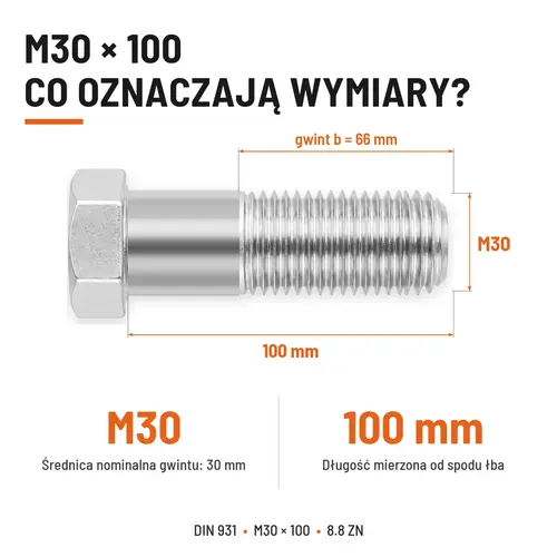 ŚRUBA SZEŚCIOKĄTNA DIN 931 M30x100 KLASA 8.8 OCYNK GALWANICZNY