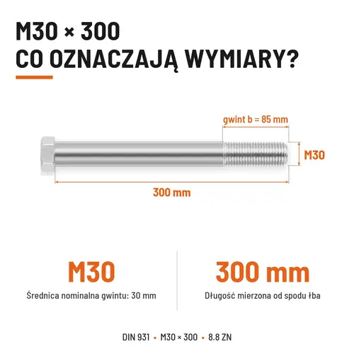 ŚRUBA SZEŚCIOKĄTNA DIN 931 M30x300 KLASA 8.8 OCYNK GALWANICZNY