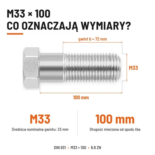 ŚRUBA SZEŚCIOKĄTNA DIN 931 M33x100 KLASA 8.8 OCYNK GALWANICZNY