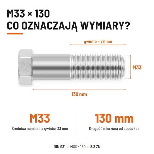 ŚRUBA SZEŚCIOKĄTNA DIN 931 M33x130 KLASA 8.8 OCYNK GALWANICZNY