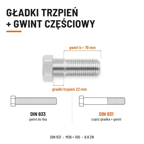 ŚRUBA SZEŚCIOKĄTNA DIN 931 M36x100 KLASA 8.8 OCYNK GALWANICZNY