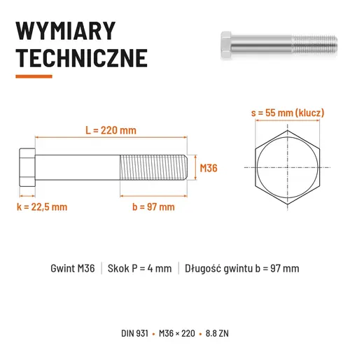 ŚRUBA SZEŚCIOKĄTNA DIN 931 M36x220 KLASA 8.8 OCYNK GALWANICZNY