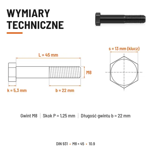 ŚRUBA DIN 931 M8x45 10,9 BEZ POKRYCIA