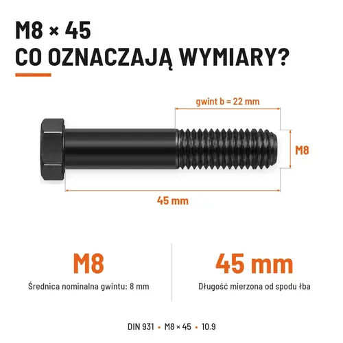 ŚRUBA DIN 931 M8x45 10,9 BEZ POKRYCIA