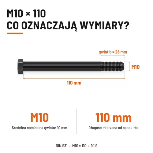 ŚRUBA DIN 931 M10x110 10,9 BEZ POKRYCIA