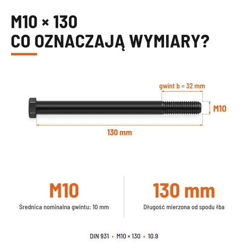 ŚRUBA DIN 931 M10x130 10,9 BEZ POKRYCIA