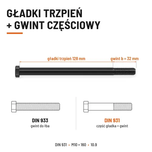 ŚRUBA DIN 931 M10x160 10,9 BEZ POKRYCIA