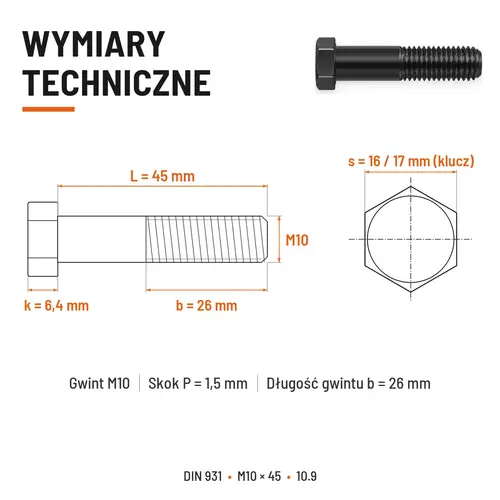 ŚRUBA DIN 931 M10x45 10,9 BEZ POKRYCIA
