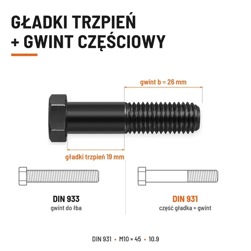 ŚRUBA DIN 931 M10x45 10,9 BEZ POKRYCIA