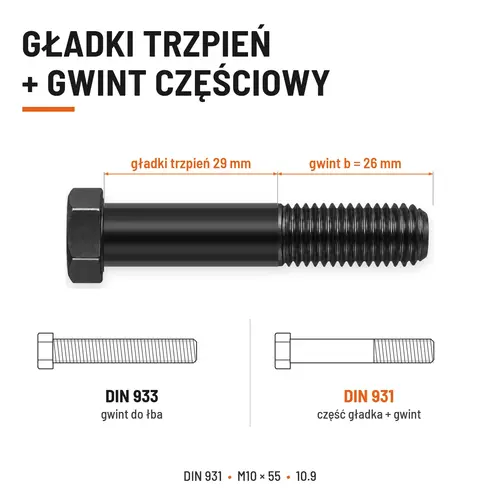 ŚRUBA DIN 931 M10x55 10,9 BEZ POKRYCIA