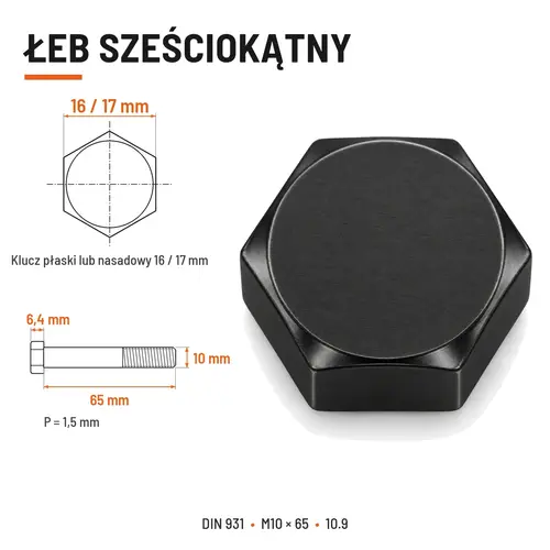 ŚRUBA DIN 931 M10x65 10,9 BEZ POKRYCIA