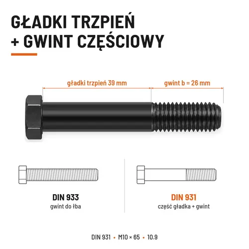 ŚRUBA DIN 931 M10x65 10,9 BEZ POKRYCIA
