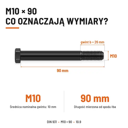 ŚRUBA DIN 931 M10x90 10,9 BEZ POKRYCIA