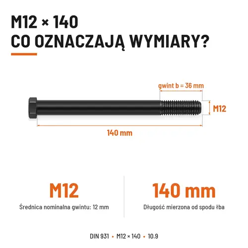 ŚRUBA DIN 931 M12x140 10,9 BEZ POKRYCIA