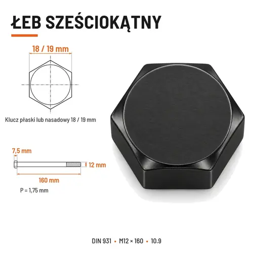ŚRUBA DIN 931 M12x160 10,9 BEZ POKRYCIA