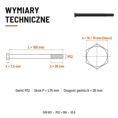 ŚRUBA DIN 931 M12x160 10,9 BEZ POKRYCIA