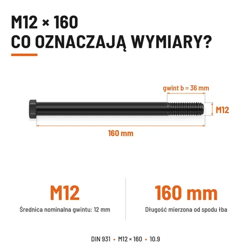 ŚRUBA DIN 931 M12x160 10,9 BEZ POKRYCIA