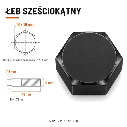 ŚRUBA DIN 931 M12x45 10,9 BEZ POKRYCIA