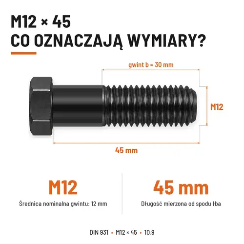 ŚRUBA DIN 931 M12x45 10,9 BEZ POKRYCIA