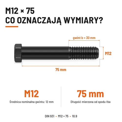 ŚRUBA DIN 931 M12x75 10,9 BEZ POKRYCIA