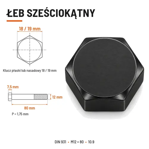 ŚRUBA DIN 931 M12x80 10,9 BEZ POKRYCIA
