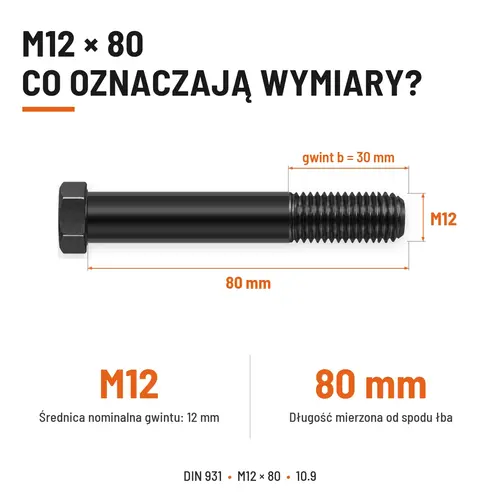 ŚRUBA DIN 931 M12x80 10,9 BEZ POKRYCIA