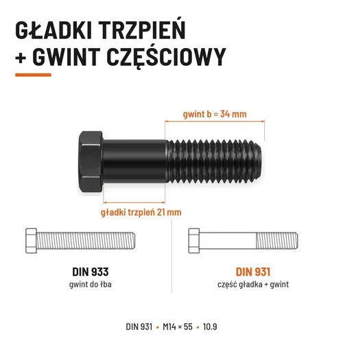 ŚRUBA DIN 931 M14x55 10,9 BEZ POKRYCIA