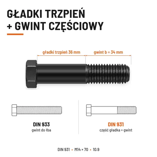 ŚRUBA DIN 931 M14x70 10,9 BEZ POKRYCIA