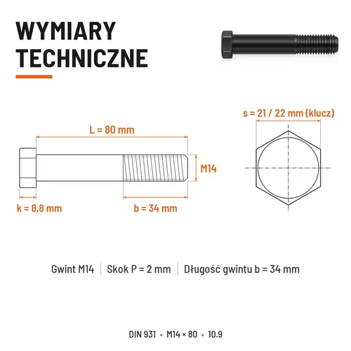 ŚRUBA DIN 931 M14x80 10,9 BEZ POKRYCIA