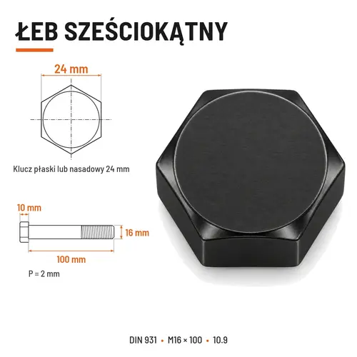 ŚRUBA DIN 931 M16x100 10,9 BEZ POKRYCIA