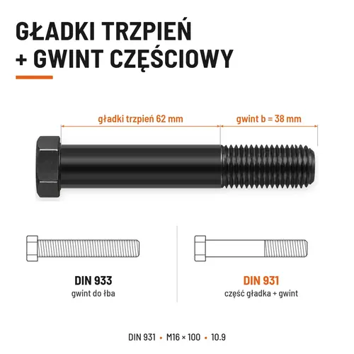 ŚRUBA DIN 931 M16x100 10,9 BEZ POKRYCIA