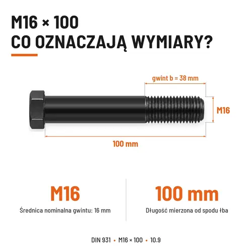 ŚRUBA DIN 931 M16x100 10,9 BEZ POKRYCIA
