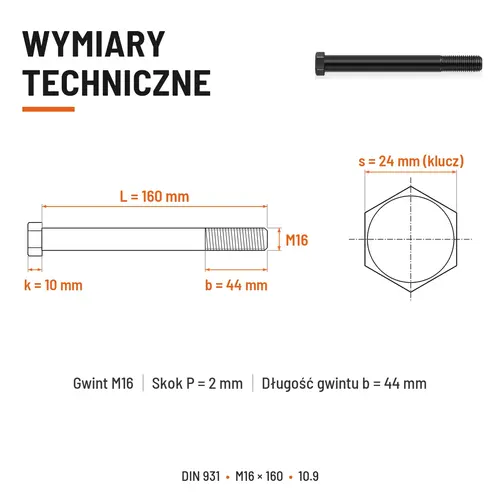 ŚRUBA DIN 931 M16x160 10,9 BEZ POKRYCIA