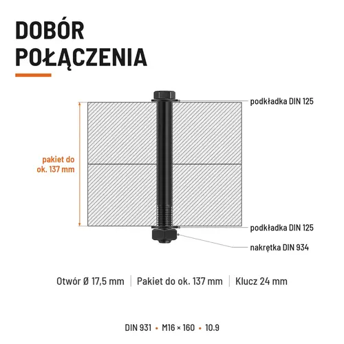 ŚRUBA DIN 931 M16x160 10,9 BEZ POKRYCIA