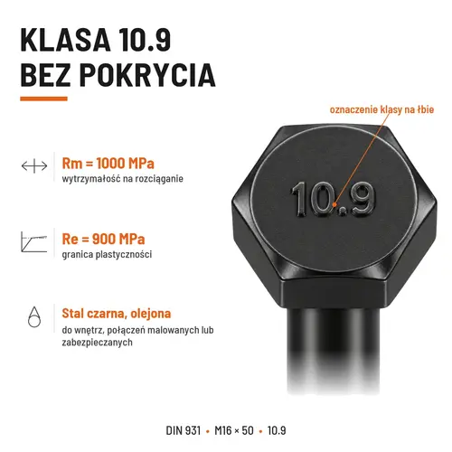 ŚRUBA DIN 931 M16x50 10,9 BEZ POKRYCIA
