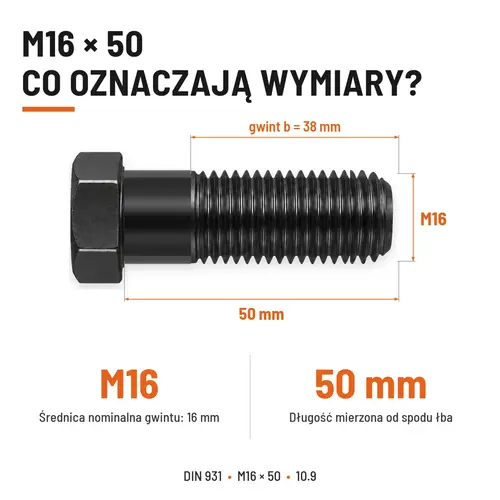 ŚRUBA DIN 931 M16x50 10,9 BEZ POKRYCIA